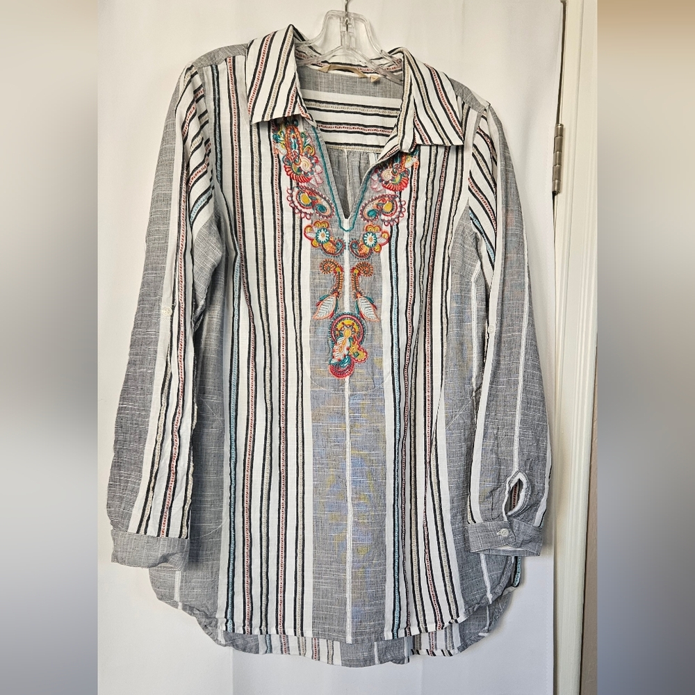Soft Surroundings Aruba Striped‎ And Embroidered Long Sleeve Tunic Blouse